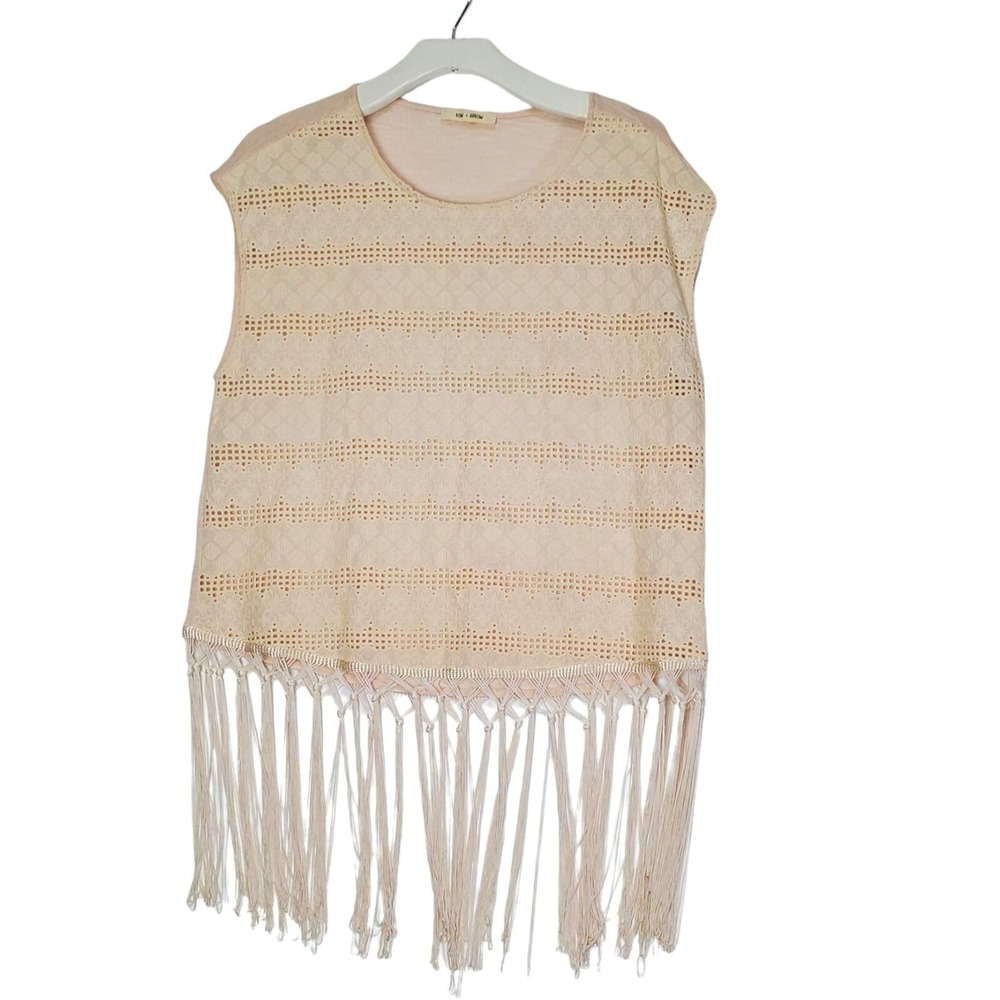 Bow + Arrow Womens Western Coastal‎ Cottage Fringe Top S Cream Macrame Festival